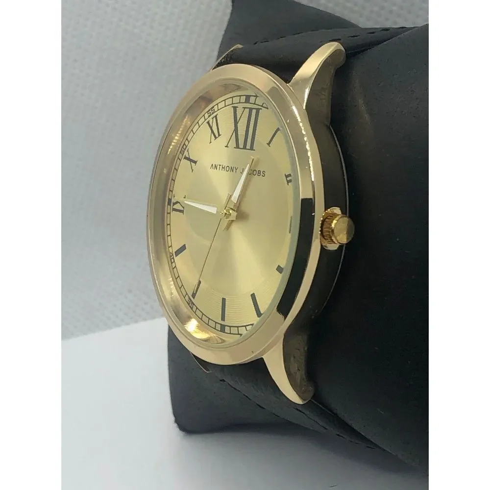 Anthony Jacobs Unisex Black Leather Analog Gold Dial Quartz Genuine Watch OP9